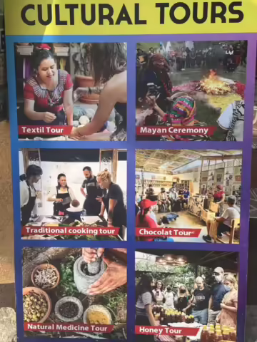 Poster advertising multiple tours around Lake Atitlán in Guatemala. Tour topics: Textiles, Mayan Ceremony, Traditional Cooking, Chocolate, Natural Medicine, and Honey.